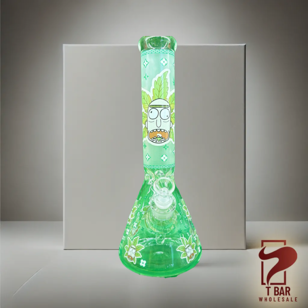 14" Rick & Morty Glow in the Dark 9mm Glass Bong | Thick & Durable Smoking Pipe | Stars Green