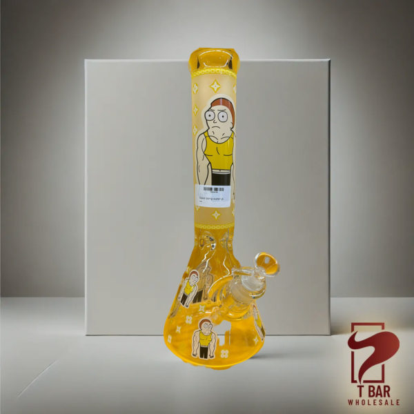 14" Rick & Morty Glow in the Dark 9mm Glass Bong | Thick & Durable Smoking Pipe | Stars Yellow